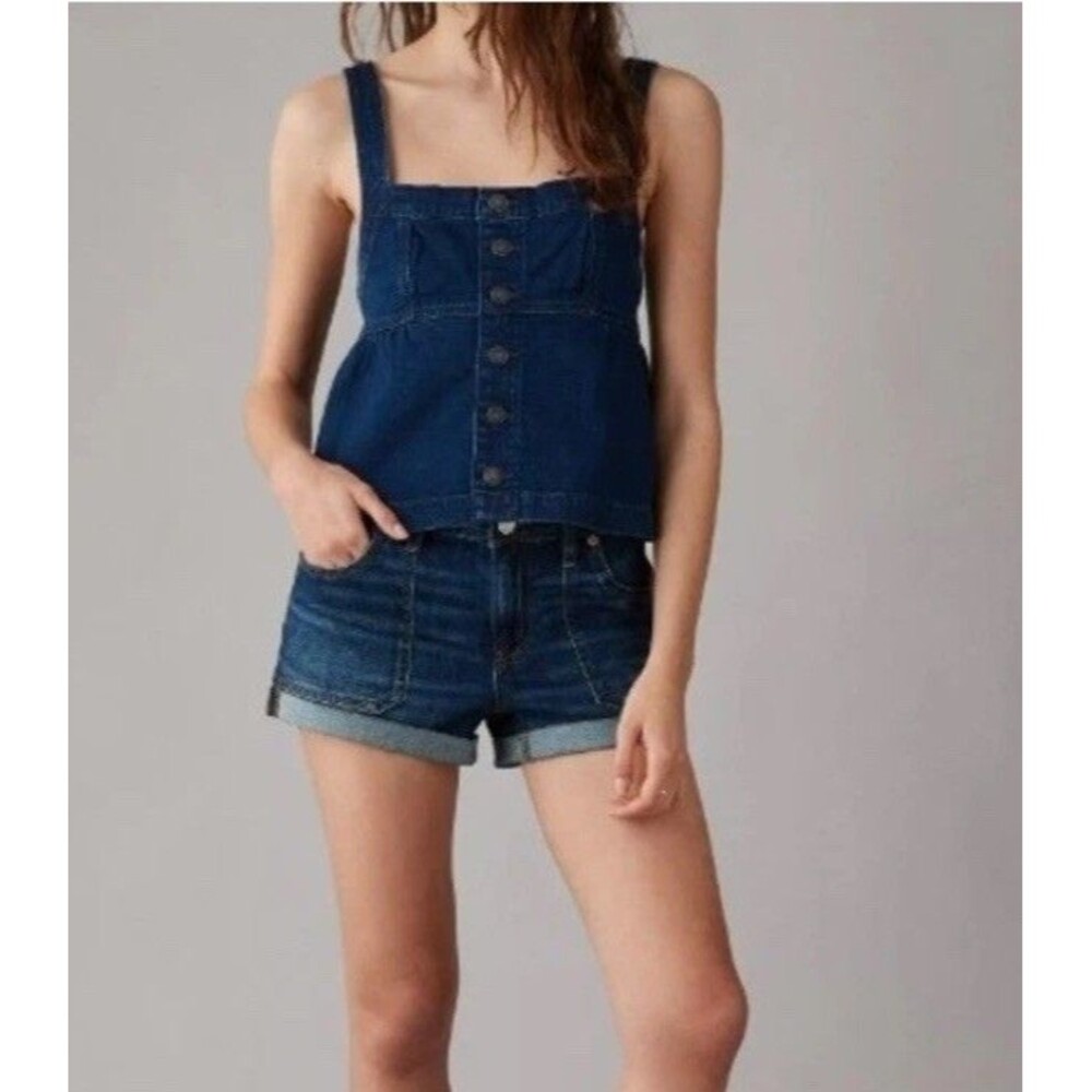 American Eagle Women's Top Y2K Babydoll Denim Western Boho Festival Blue Sz S